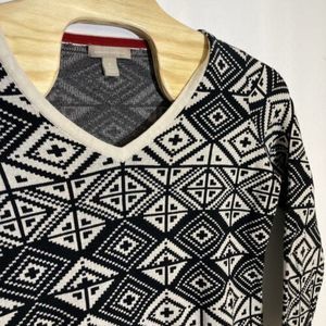BANANA REPUBLIC‎ Women’s XL Aztec Print Sweater Cotton Black Cream V Neck